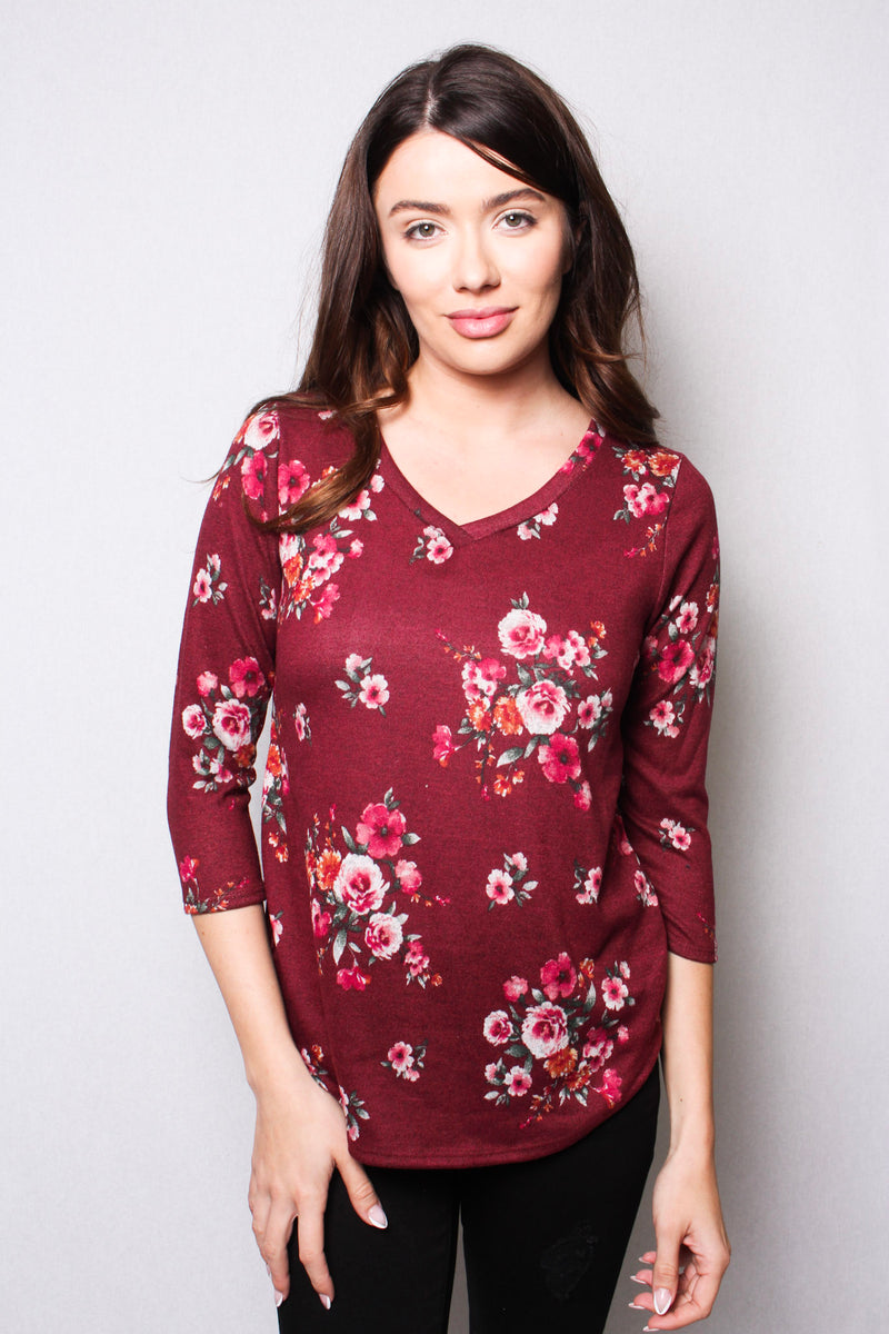 Women's 3/4 Sleeve V-Neck Floral Print Top