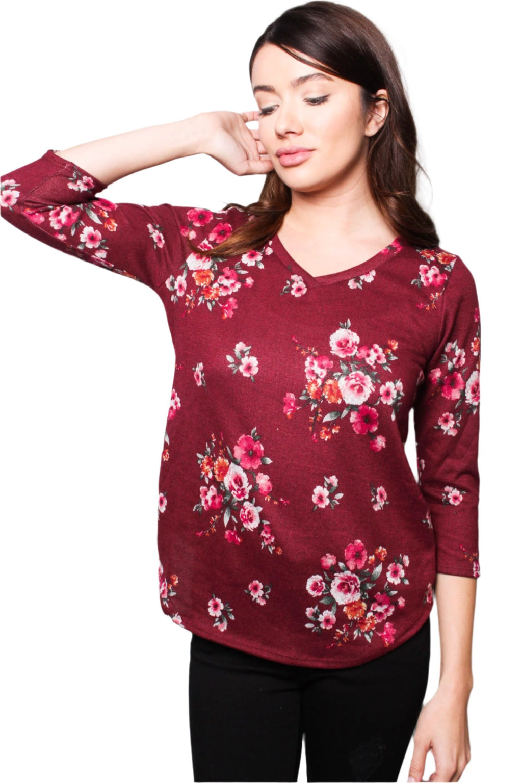 Women's 3/4 Sleeve V-Neck Floral Print Top