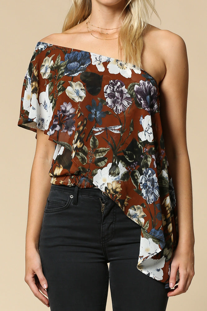 Women's Floral Print Chiffon One Shoulder Top