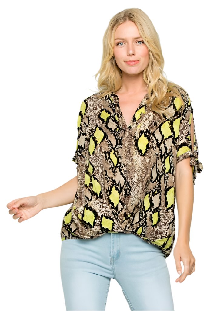 Women's Short Open Sleeves V Neck Snake Print With Ribbon Detail Top