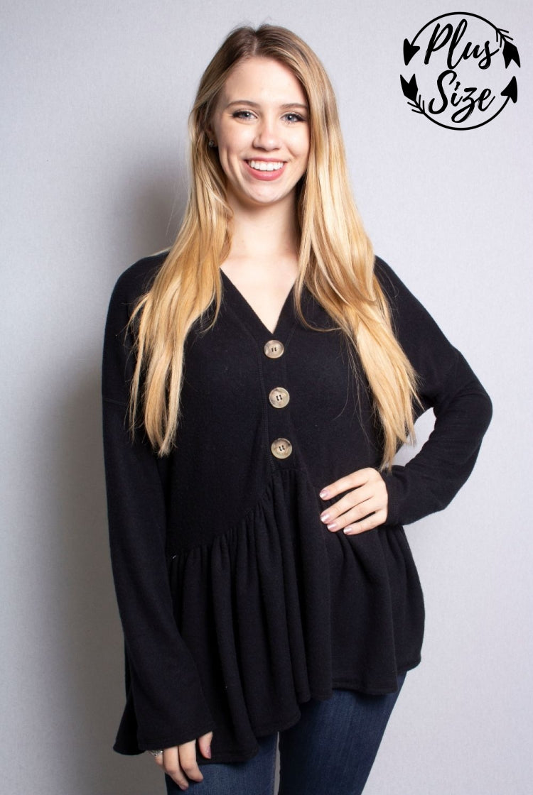 Women's Plus Size V-Neck Peplum Sweater with Button Detail