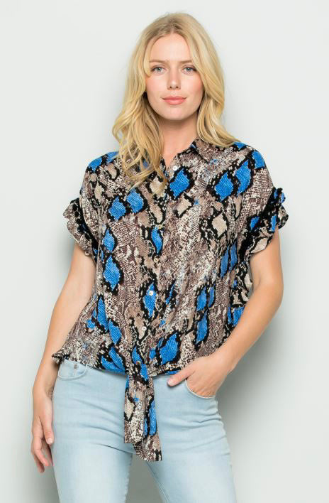 Women’s Short Sleeves Tie Front PomPom Detail Animal Print Top