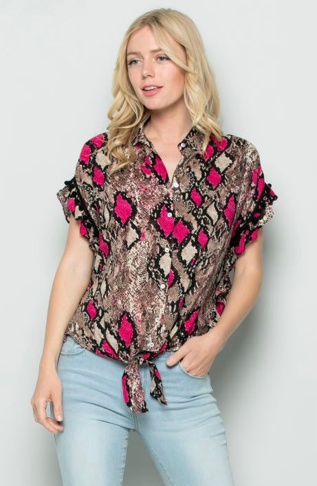 Women’s Short Sleeves Tie Front PomPom Detail Animal Print Top