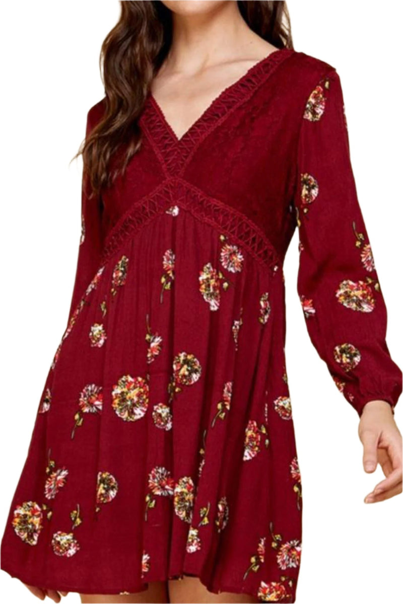 Women's V Neck Long Sleeves Lace Detail Floral Mini Dress