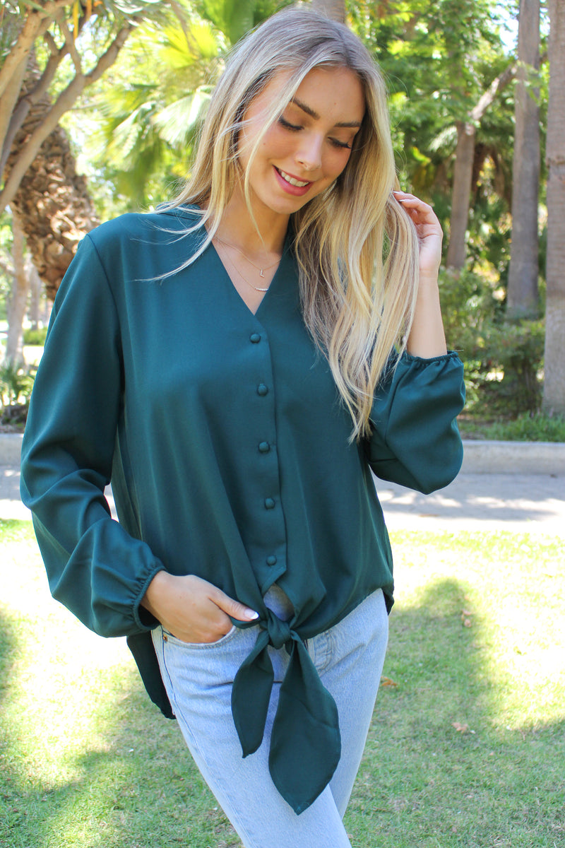 Women's V Neck Long Sleeves Button Detail Tie Front Top