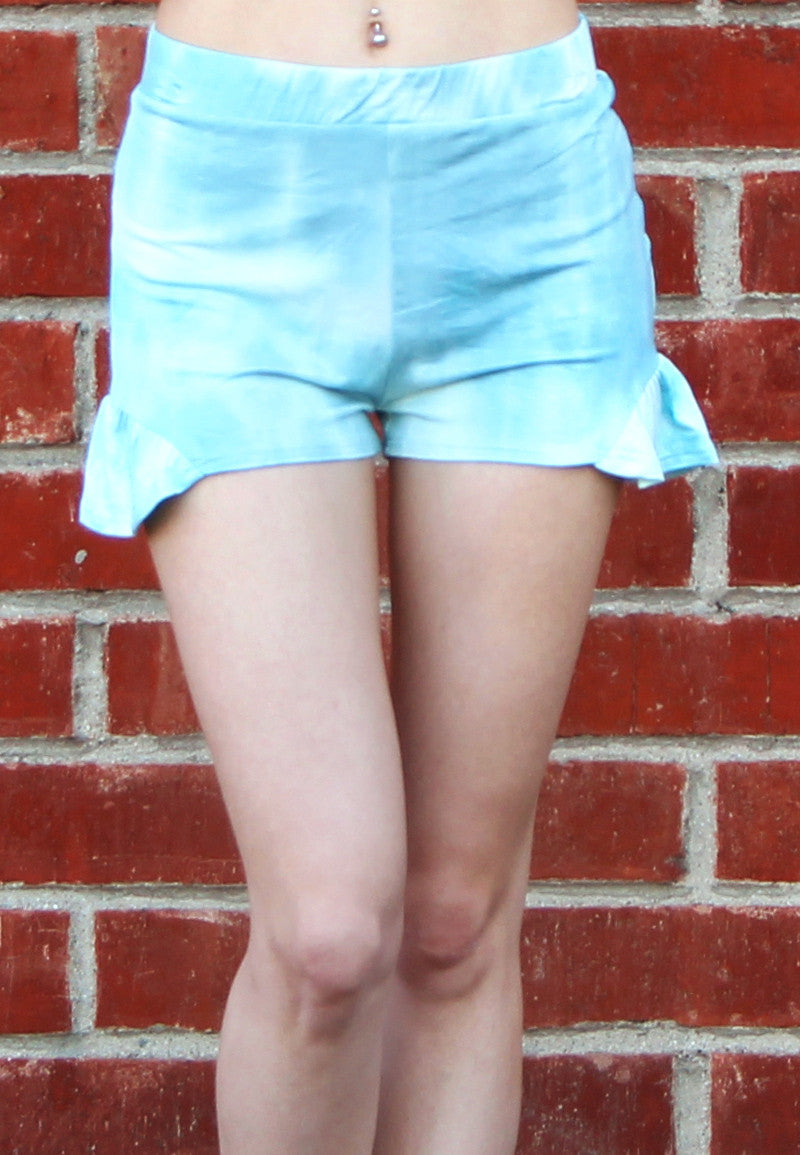 Women's Blue Tie Dye Shorts with Side Flutter Hem
