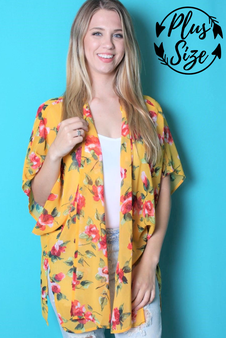 Women's Plus Size Floral Print Chiffon Kimono Cardigan